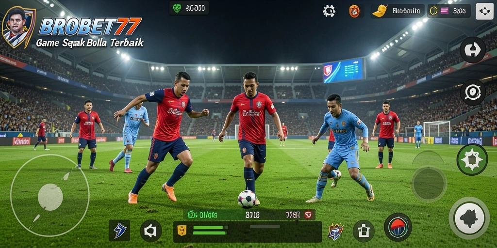 Screenshot utama BROBET77 menampilkan aksi seru di lapangan sepak bola.