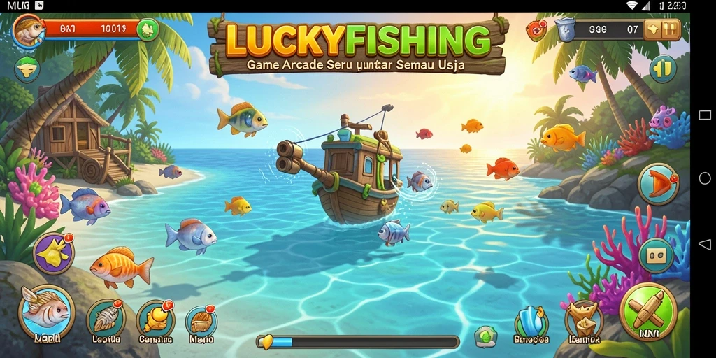 Screenshot gameplay LUCKYFISHING menampilkan aksi menangkap ikan yang seru.